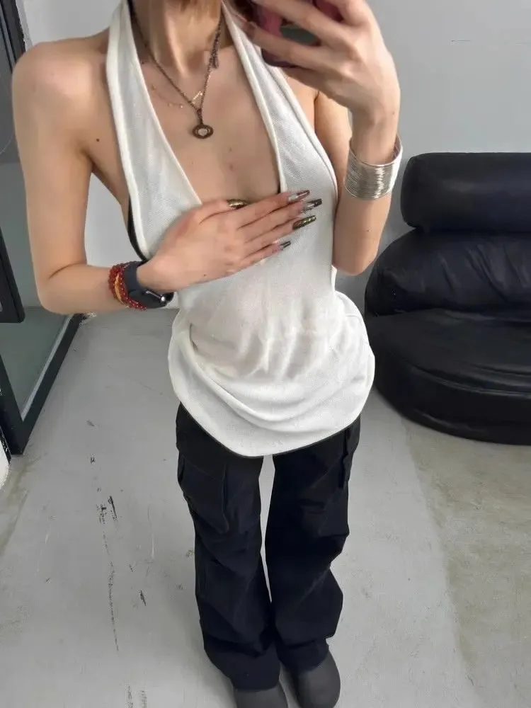 Sexy Hot Girl V-neck Knitted Halter Top for Women in Summer New Style for Outerwear Backless White Sports Slim Fit Top Trendy — image 5