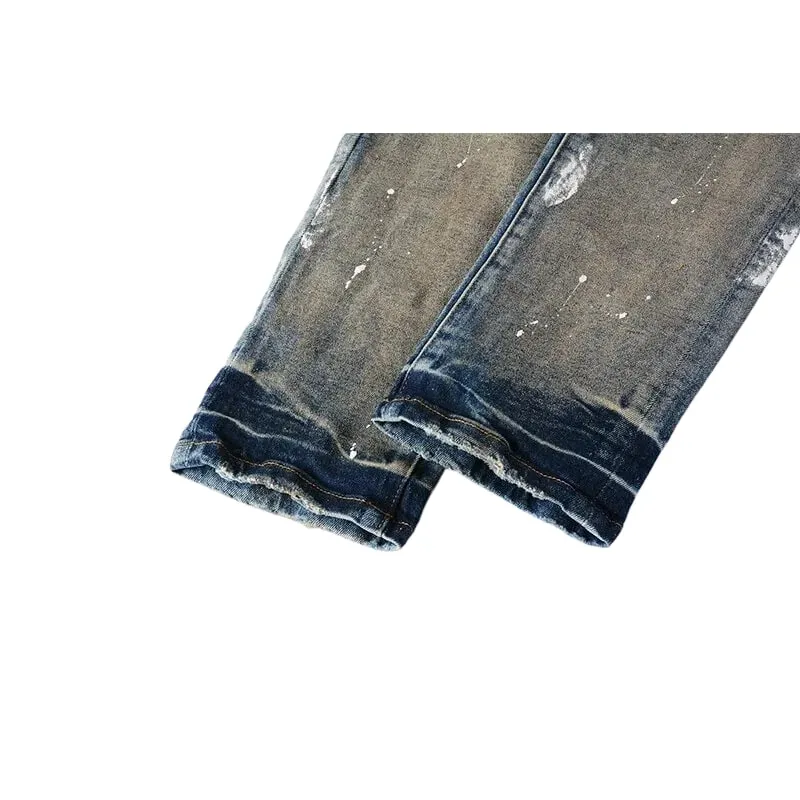 Men's Multiple Ripped Slim Tapered Jeans Vintage Blue Gradient Wash White Paint Splatter Button Fly High Street Style — image 6