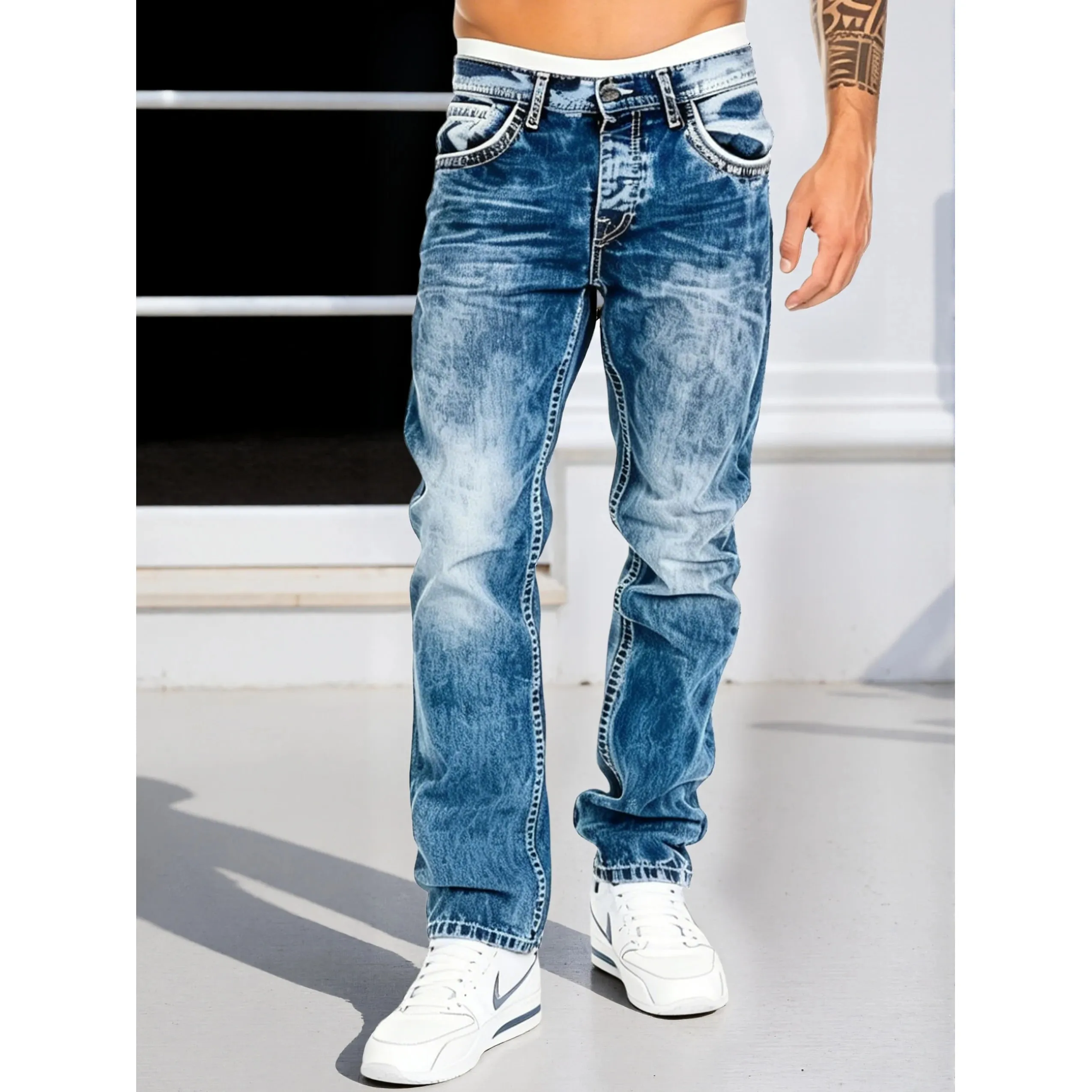 Men's Jeans Man Pants Classic Straight Cut Stretchl Denim Trousers Vintage Washed Solid Color for Street Style — image 3