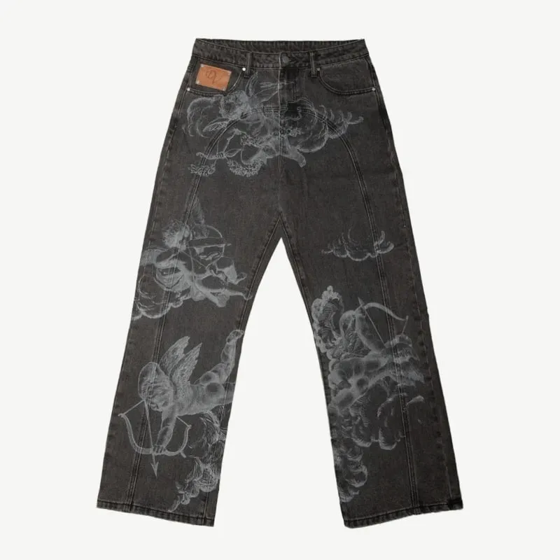 Y2k American Hip Hop Streetwear Angel Baggy Jeans Retro High Street Cupids Arrow Men Women Pants Unisex Casual Straight Jeans