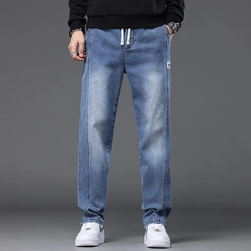 Autumn Winter Blue Jeans Men Drawstring Elastic Waist Cotton Cargo Denim Pants Work Fashion Thick Trousers Male Plus Size M-4XL — image 10