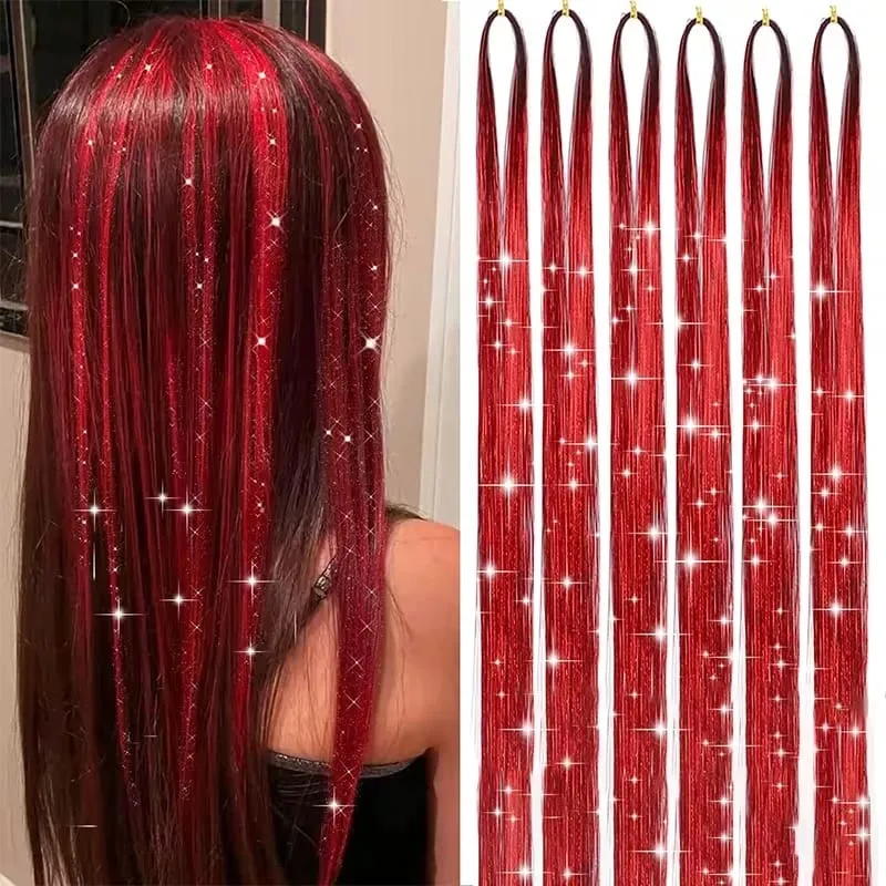 6pcs/set 38Inch Long Sparkling Fairy Hair Tinsel Rainbow Extensions Suitable for Braids Ponytails Shiny Strands Accessories