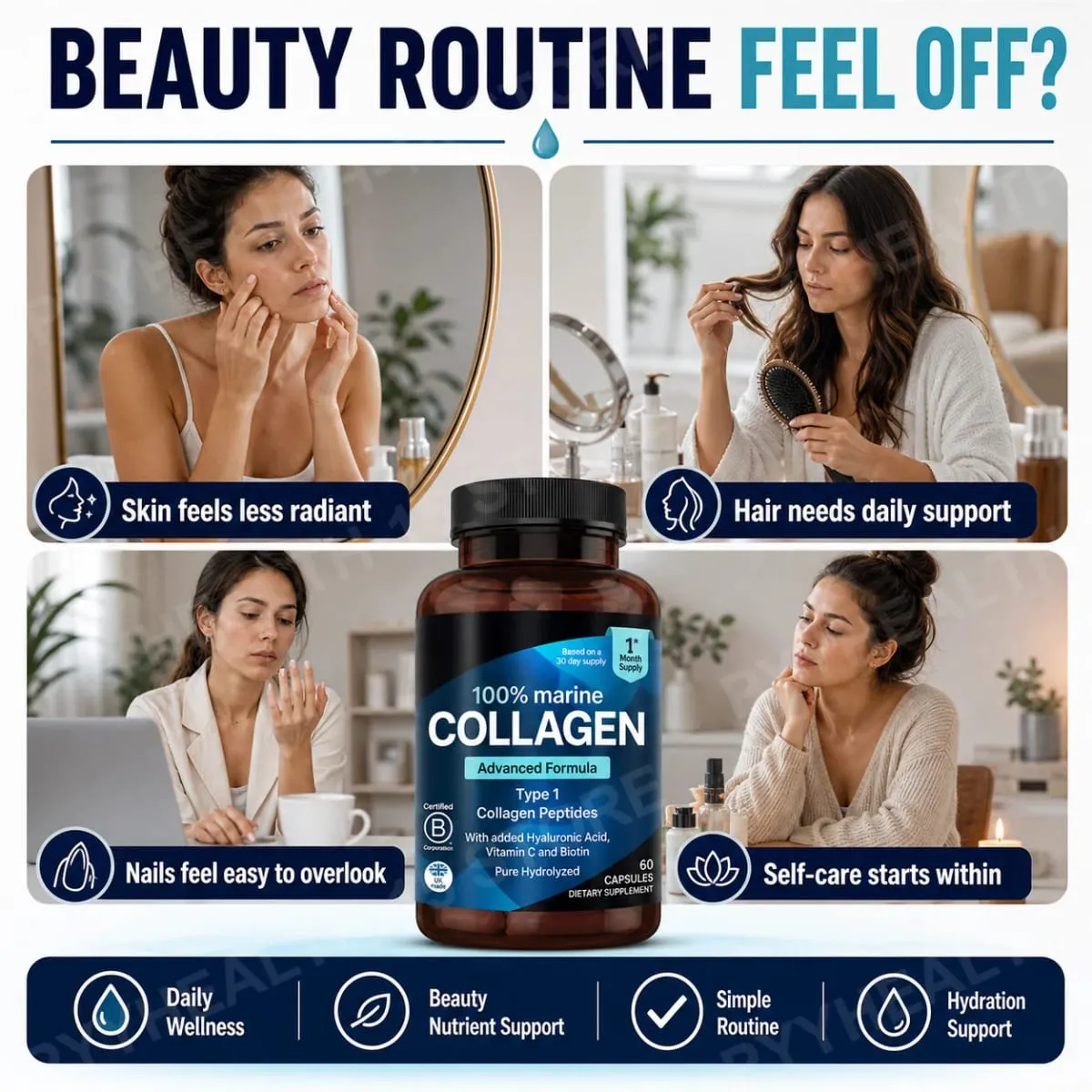 Marine Collagen Capsules for Women & Men Type I Peptides with Hyaluronic Acid Vitamin C & Biotin Beauty Glow Nails 60 Count — image 3