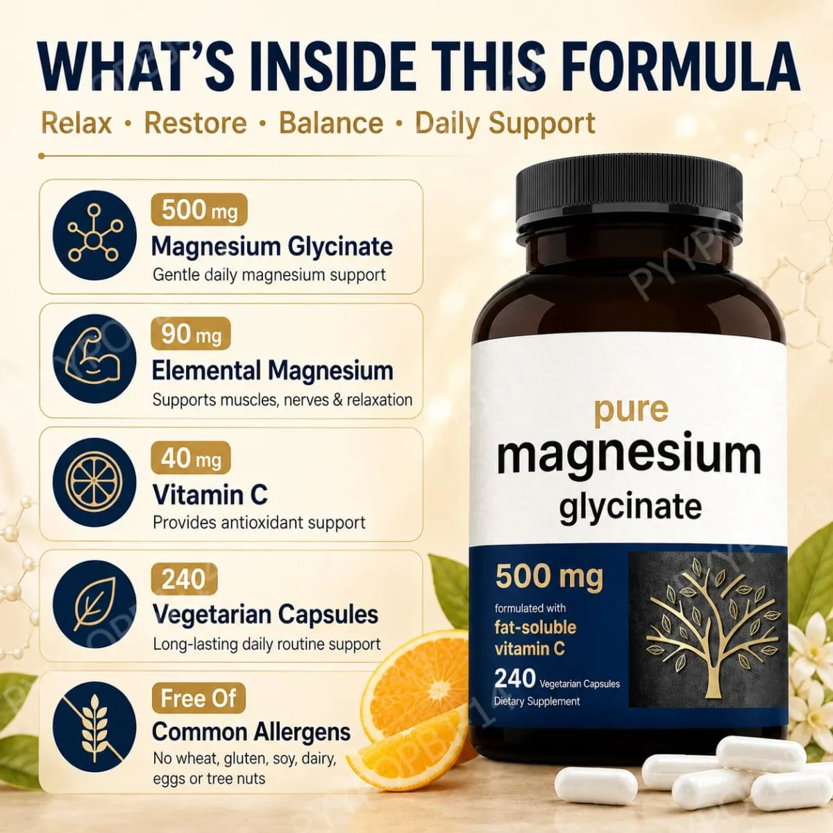 Pure Magnesium Glycinate 500mg Capsules with Vitamin C Supports Relaxation Muscle Nerve Health Bone Support 240 Capsules — image 5