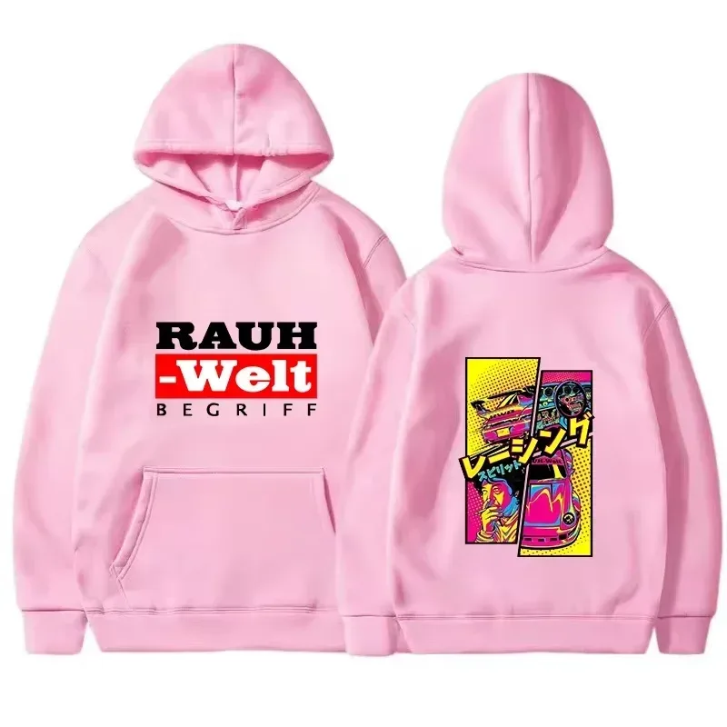 Rauh Welt هوديي سيارة واسعة الجسم ضبط JDM سباق فن البوب ​​الهزلي الجمالي الأسود المتضخم عادية البلوز كم طويل