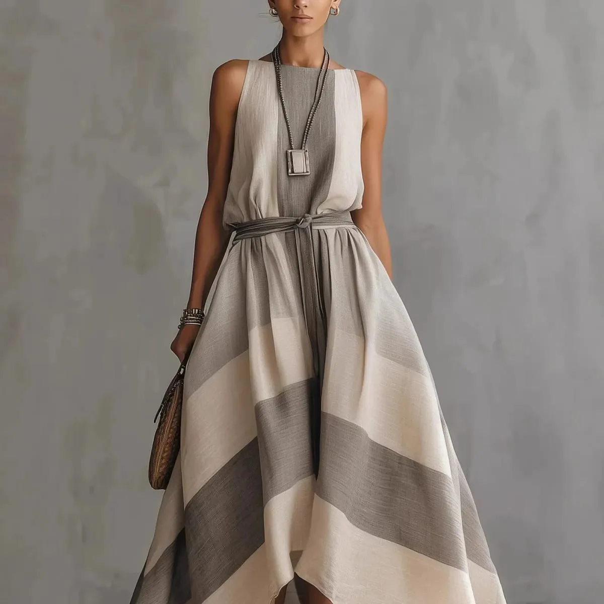 Summer New Irregular Maxi Dresses Women's Fashion O Neck Striped Sleeveless Big Hem Dress Casual Solid Loose Party Beach Dress — image 3