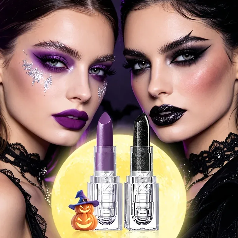 Clear Square Case Glitter Black Matte Purple Lipstick Halloween Cosplay Stage Creative Dark Lip Makeup