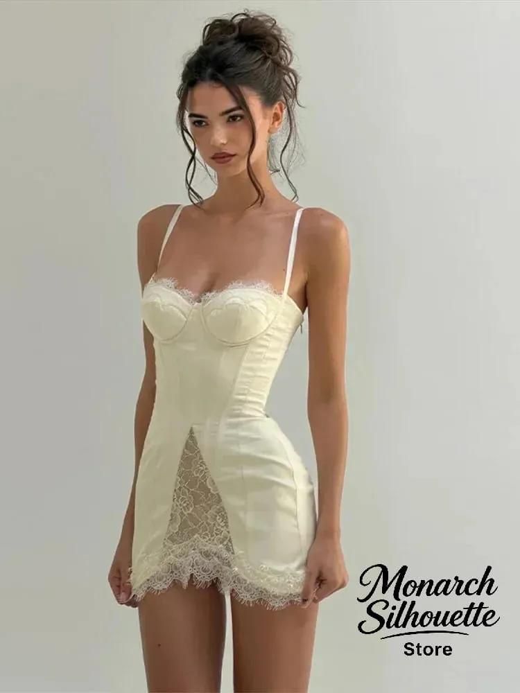 Solid Satin Lace Corset Mini Dress Women Sexy Spaghetti Strap Sheer Panel Slim Fit Short Dresses 2026 Trendy Lady Night Out Wear — image 2
