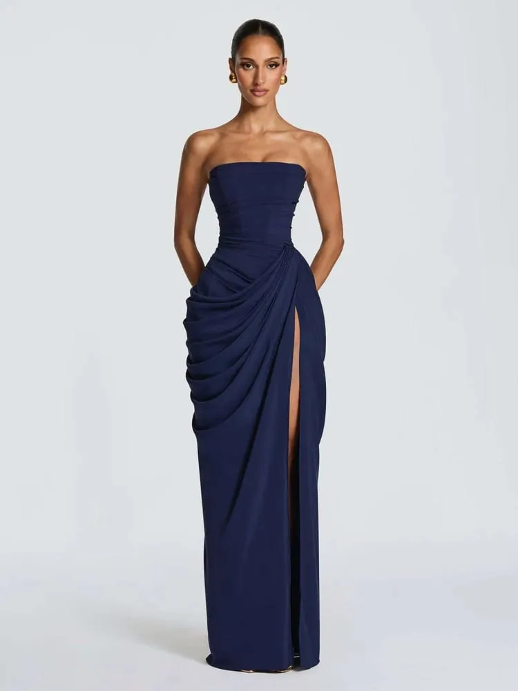 Elegant Solid Pleated Strapless Maxi Dress Yellow Off-shoulder Backless High Waist Split Robe 2026 New Lady Evening Party Gown — image 4