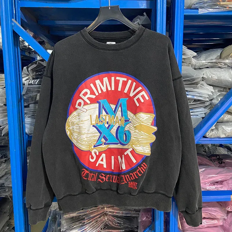 Autumn Winter Classic Overlapping Logo Print Saint Sweatshirts Men Women Couple Colorful Letters Graffiti Washed Black Pullovers — image 48