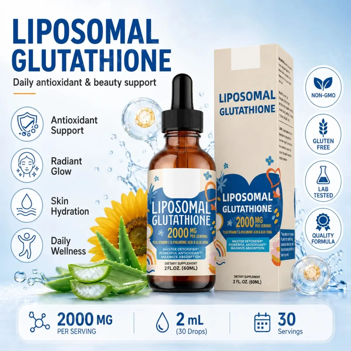 Cecair Liposomal Glutathione Turun 1500mg dengan Vitamin C Asid Hyaluronik & Aloe Vera untuk Sokongan Cahaya Kecantikan dan Penghidratan — image 1