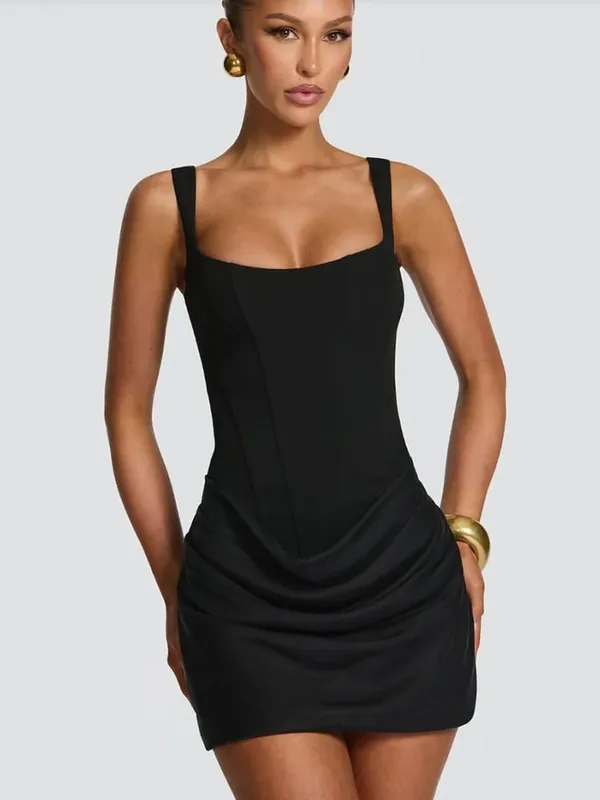 Mozision Backless Ruched Sexy Mini Dress Women Elegant Tapered Straps Square Collar Sleeveless High Waist Club Party Dress — image 7