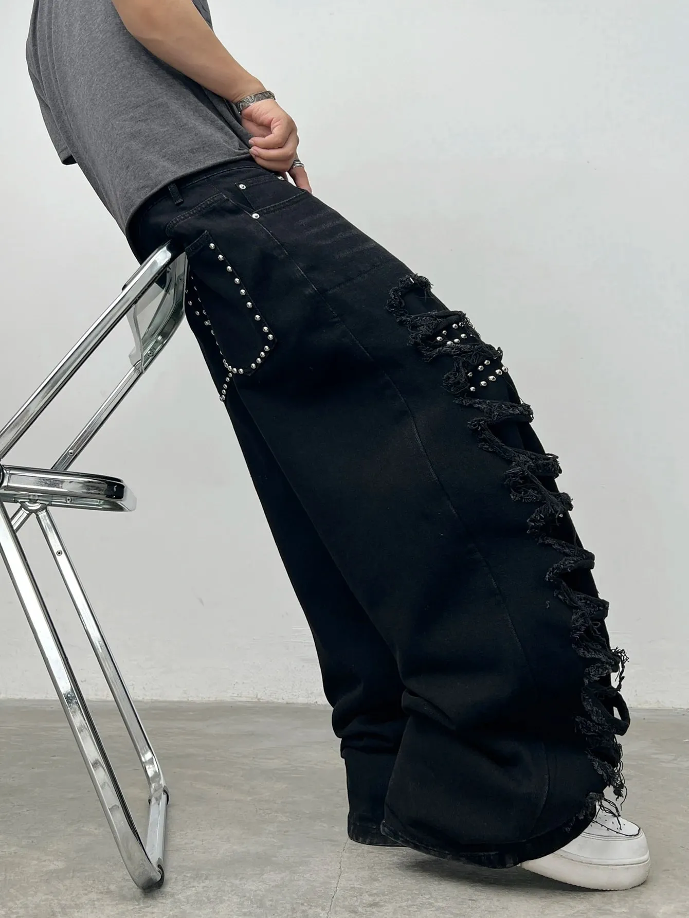 American High Street Double-Layer Patch Ripped Studded Design Black Men's Loose Jeans Y2K Street Hip-Hop Fashion Wide-Leg Pants