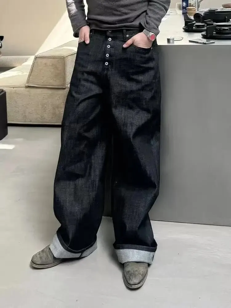 American High Street Retro Button Knife Baggy Original Color Jeans Playboicarti Casual Loose Fit Denim Pants for Young Men