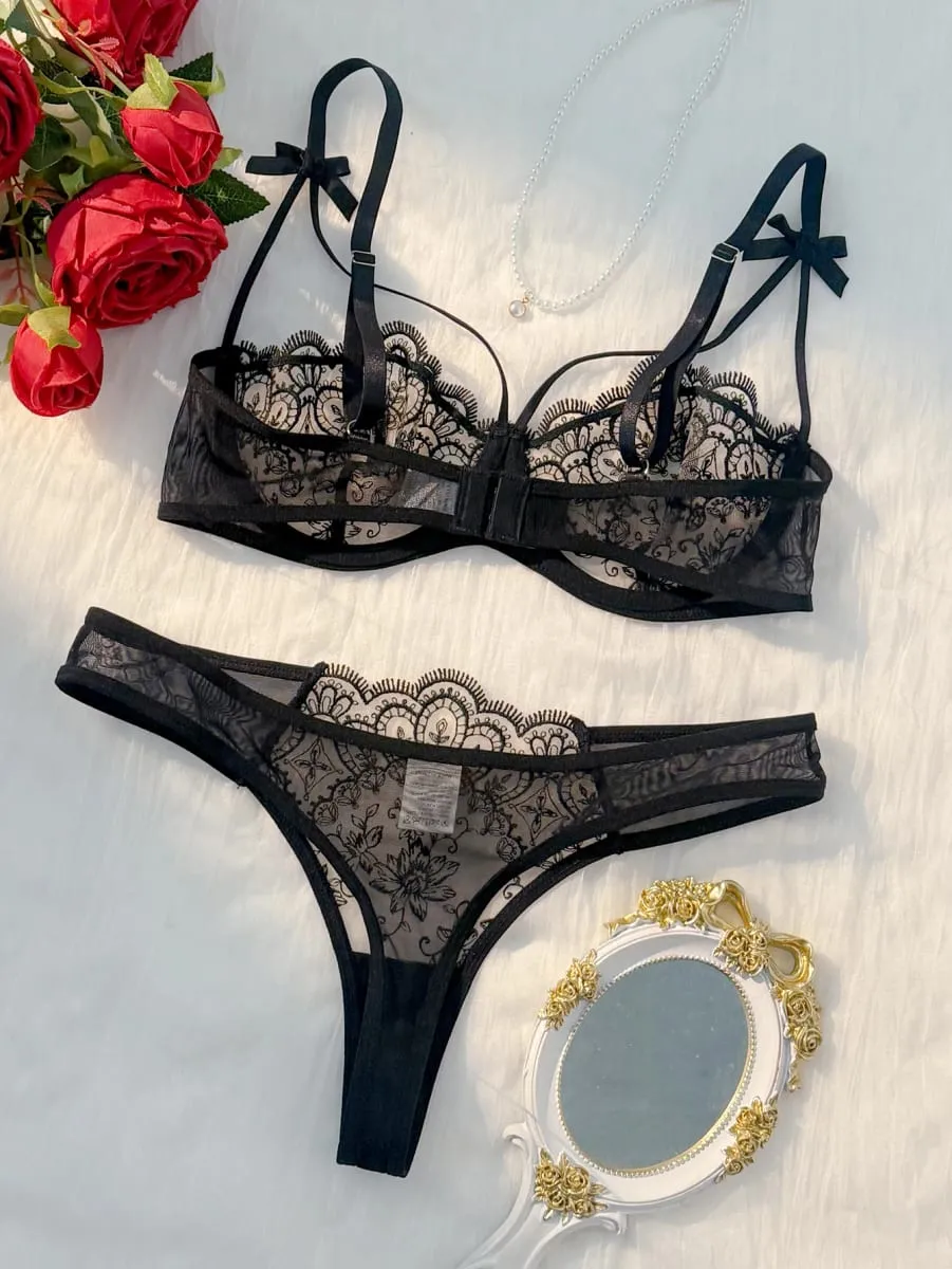 2-piece Women's Lingerie Sets Women's Green Comfortable Lightweight Bow Semi Transparent Lingerie Set — image 2