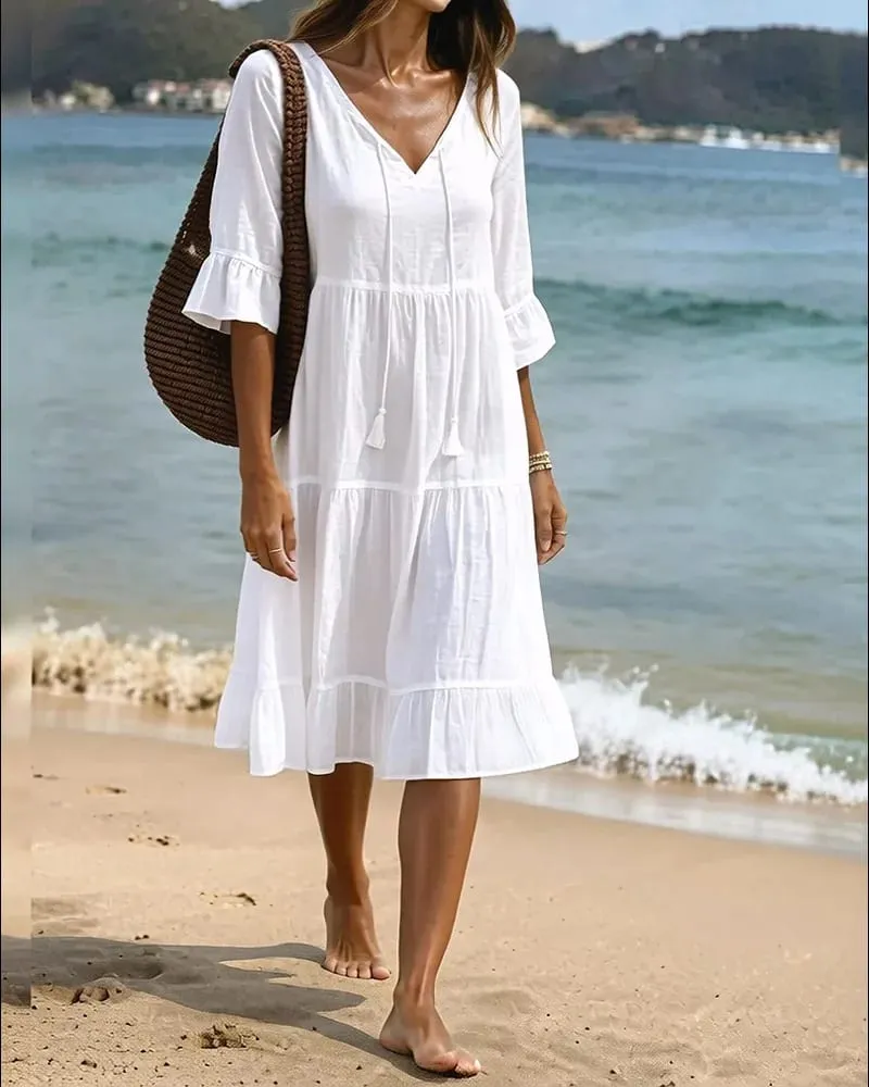 Women V Neck Tassel Drawstring Tiered Midi Dress 3/4 Flare Sleeve Loose Casual Beach Vacation Dress For Summer