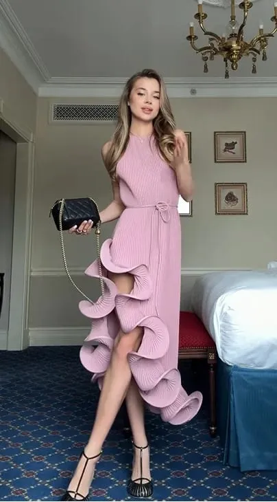 Elegantes, unregelmäßiges Rüschenhalterkleid für Damen, schick, ärmellos, schulterfrei, mit Spitze, schlankes Midi-Kleid, 2026, Damen-Abend-Party-Kleider