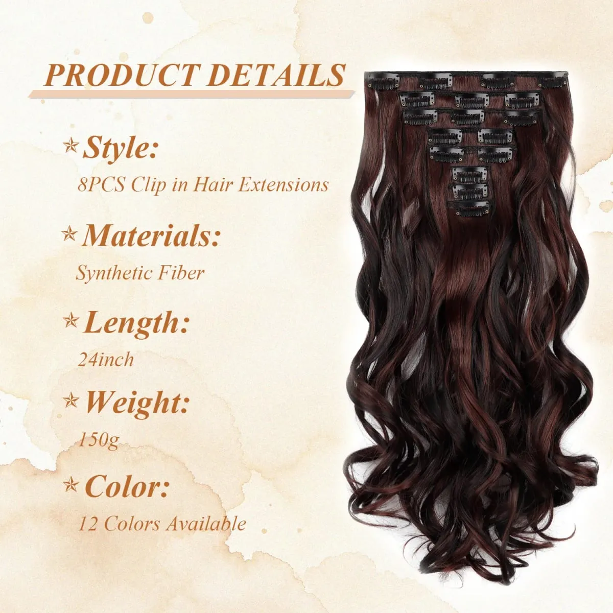Clip In Hair Extension Curly 24 Inch 8 Pieces Hair Extensions for Women Daily Wear Work & Casual Styling Synthetic Hair Pieces — image 3