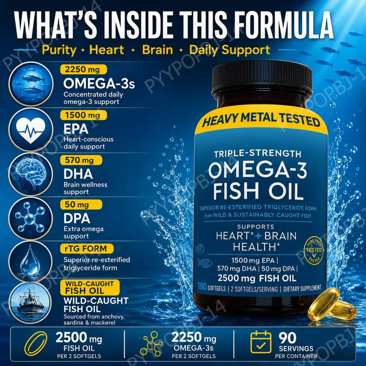 Omega-3 Fish Oil Softgels 2500mg EPA DHA DPA RTG Form 180 Count Non-GMO Gluten Free Daily Wellness Supplement for Adults