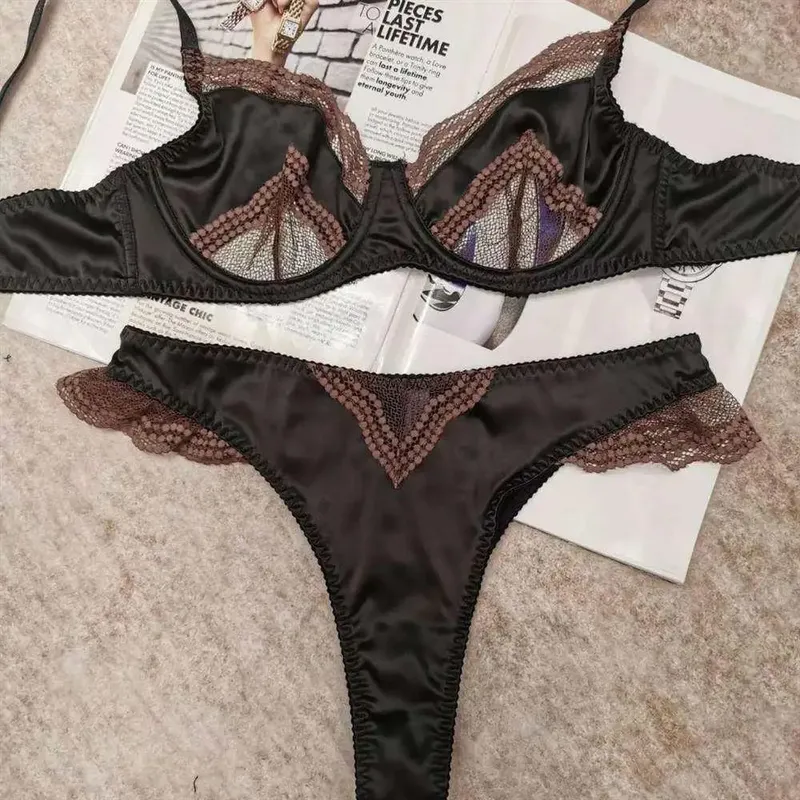 Satin Dessous-Set Französischer Spitzen-BH mit Vorder-Verschluss - Ultra dünn Minimizer & Push Up für jede Größe BANERDANNI AB — image 2