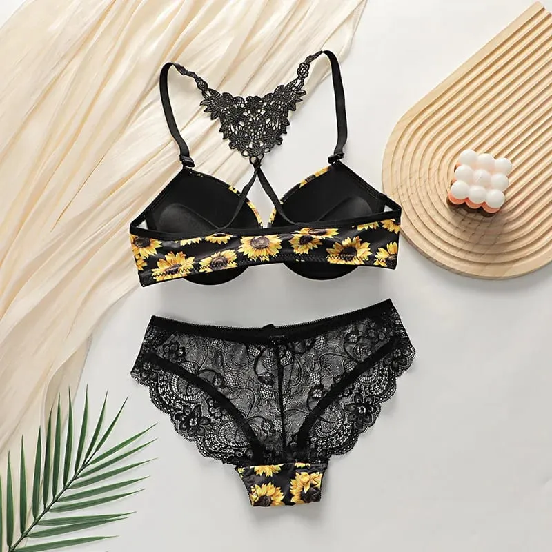 Women's Sunflower Bra Set Push Up Lace Back Lingerie Set 2 Piece Underwear 2026 — image 3