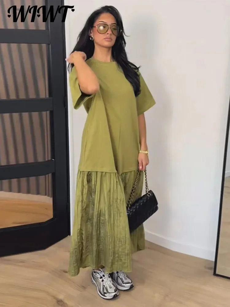 Loose Patchwork Women's Pleated Dresses Fashion Short Sleeve O-neck Long Robes 2026 Summer New Female Elegant Casual Dress — image 2