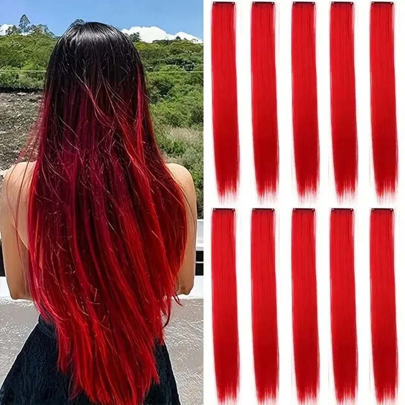 22Inch 10pcs Synthetic Colorful Long Straight Rainbow Colored Hair 10pcs Clip In Extensions for Women Daily Party Christmas