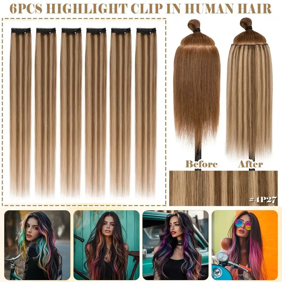 6 Pcs Clip In Human Hair Extensions Single Clip Ins Short Hair Extensions Seamless Straight Highlight Hairpieces for Women — image 7