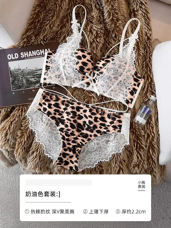 Dam sexigt leopardtryck spetsunderkläderset 32‑38AB trådlöst push-up sidostöd Anti-Sag Pure Desire Underkläder HOT