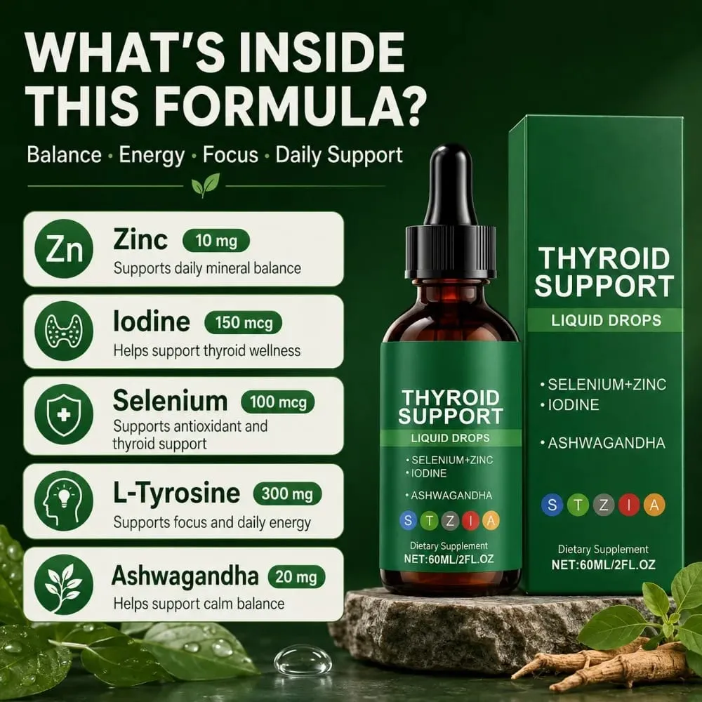 Docteat Thyroid Support Liquid Drops Selenium Zinc Iodine L-Tyrosine Ashwagandha 60ml 30 Servings For Men & Women Daily