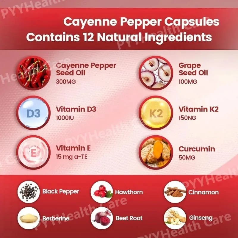Cayenne Pepper Softgels with Grape Seed Beetroot Turmeric Vitamins D3 K2 E Herbal Supplement — image 2
