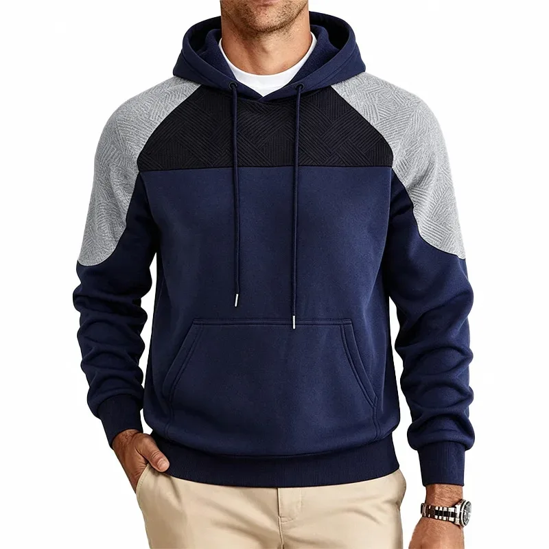 Men Patchwork Color Block Pullover Hoodie Drawstring Kangaroo Pocket Long Sleeve Loose Sweatshirt Autumn Winter Streetwear Tops