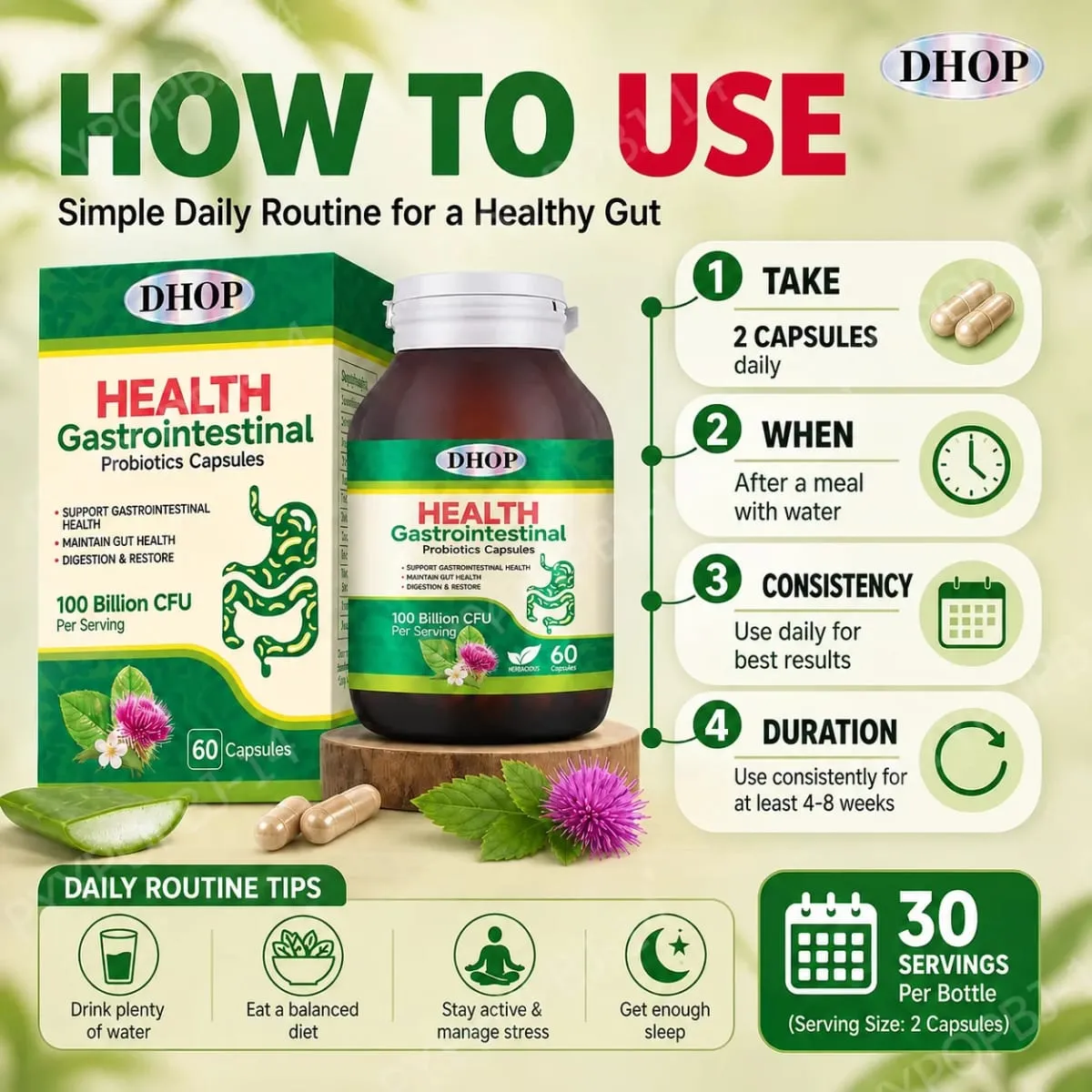 Gastrointestinal Probiotics Capsules Support Gut Health with Vitamin C and Vitamin E Diet Fiber 100 Billion CFU 60 Capsules — image 6