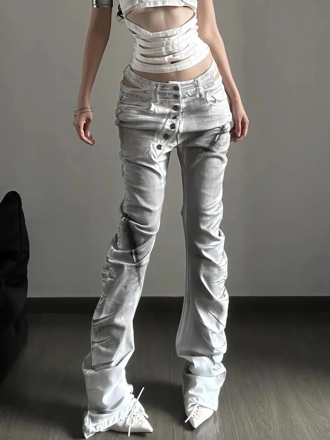 Women American Retro Y2K Flare Jeans White Washed Patchwork Y2K Vintage Hrajuku Punk High Waist Slim Streetwear Denim Pants — image 7