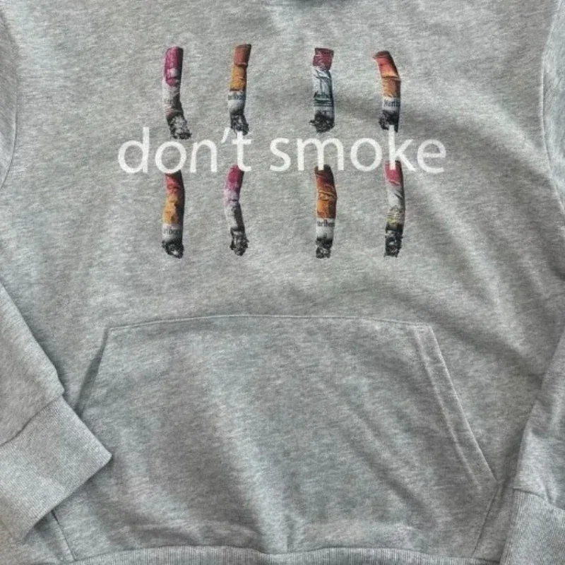 Y2K Gray Sports Hoodie Dont Smoke Print Sweatshirt Men Women Vintage Classic Hip Hop Streetwear Tracksuit Men Clothing Loose Top — image 3