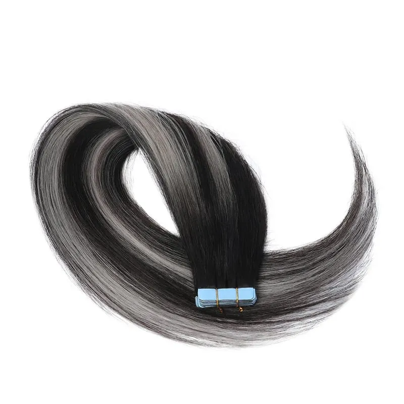 Black to Light Gray Color Tape in Hair Extensions Human Hair Seamless Tape Hair Extensions Skin Weft PU Tape On Hair 20Pcs 30G