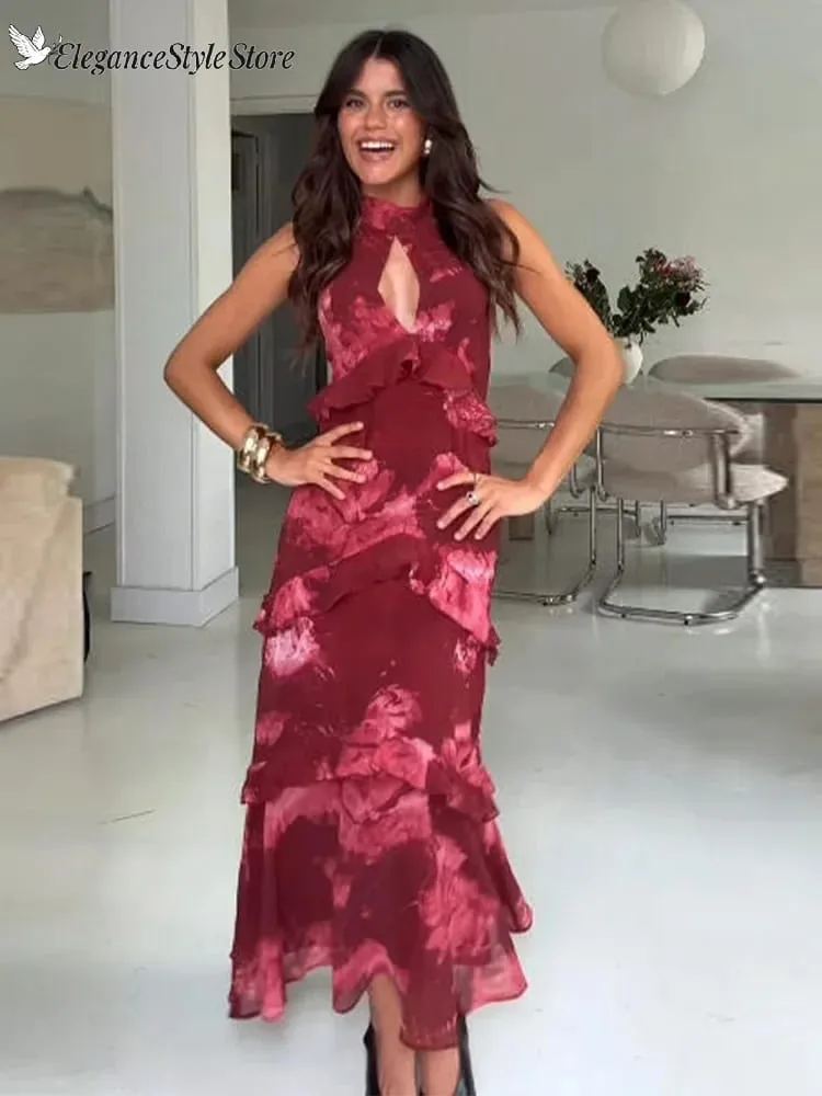 Hollow-out Halter Maxi Dresses Women Sleeveless Backless Waist-cinching Ruffles Dress 2026 New Ladies Summer Party Evening Robe