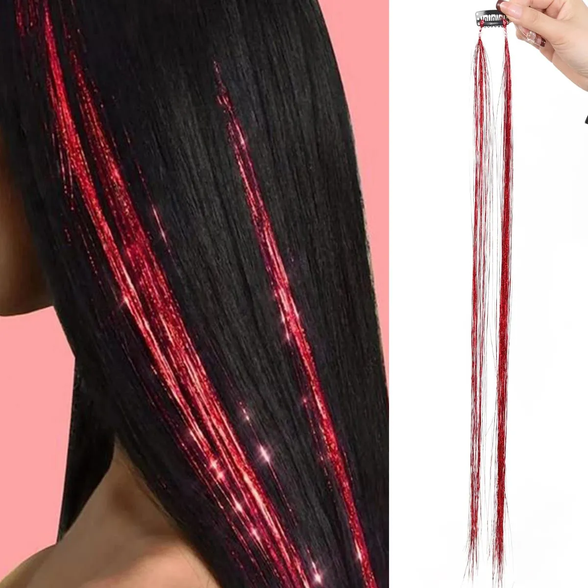 24 inch 1Pcs Colored Hair Extensions with Tinsel Long Straight Hairpiece Color Party Highlights Clip in Synthetic Hair Extension