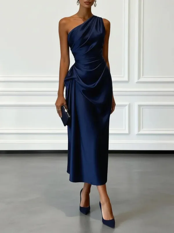 Elegantes One-Shoulder-Midikleid aus Satin mit Rüschen für eine formelle Abend-Cocktailparty — image 3