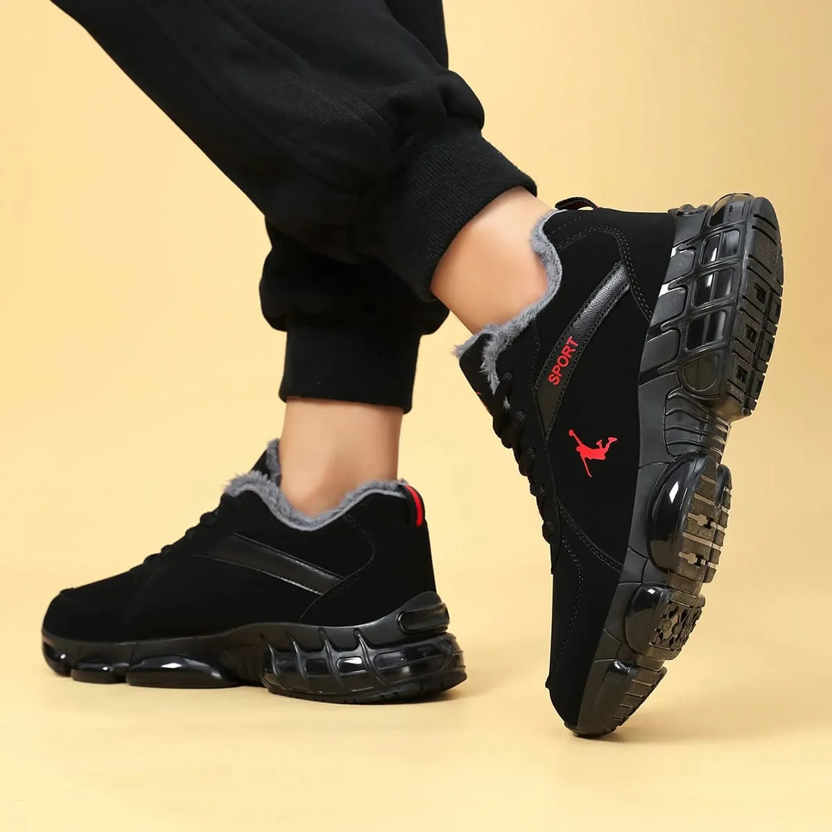 Men Winter Warm Plush Lined Sneakers Air Cushion Thick Sole Non‑Slip Lace‑Up Casual Sports Shoes Outdoor Walking Snow Shoes