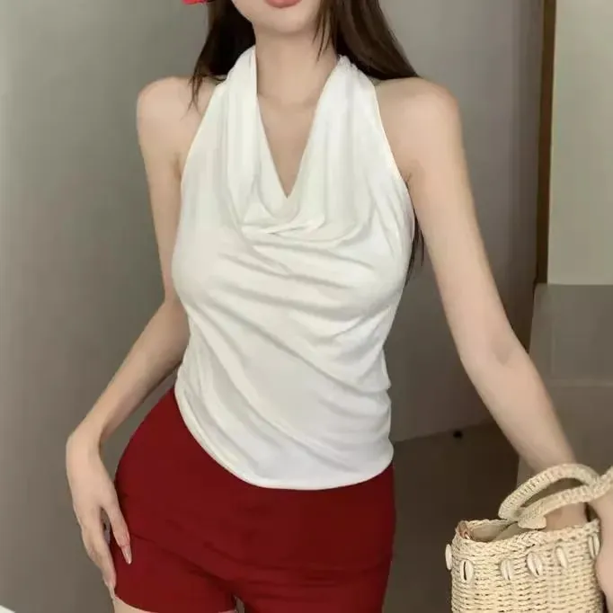 1pcs Girls Solid Simple Vests Female Casual Cool Sexy Beautiful Tank Tops Summer Travel Women's Thin Halter Vest Sleeveless Tees