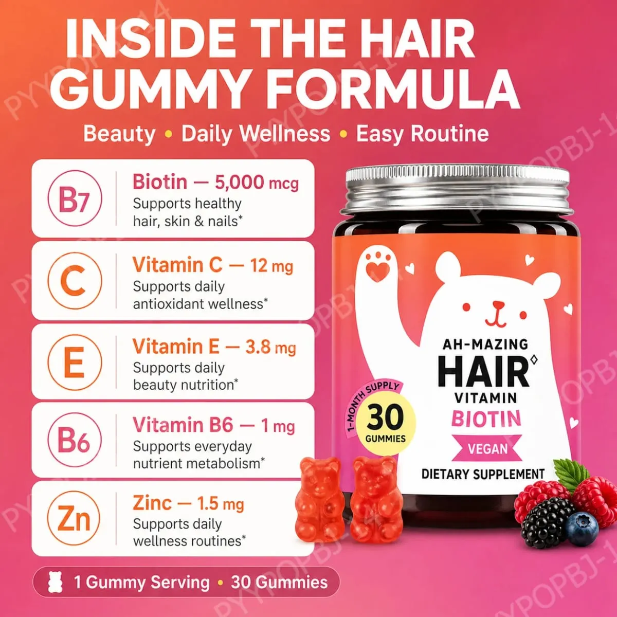 Biotin Gummies 5000 Mcg Rambut Kulit Kuku Mendukung Vitamin Kecantikan Vegan 30 Gummies Suplemen Kesehatan Harian