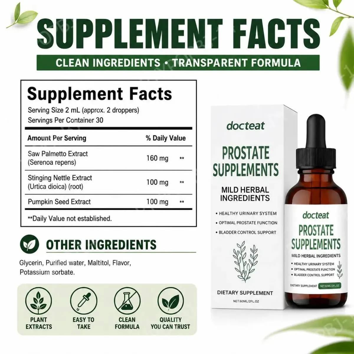 Docteat Prostate Health Supplement Liquid Drops 60ml with Saw Palmetto Extract Stinging Nettle Root Extract And Pumpkin Seed Ext — image 2