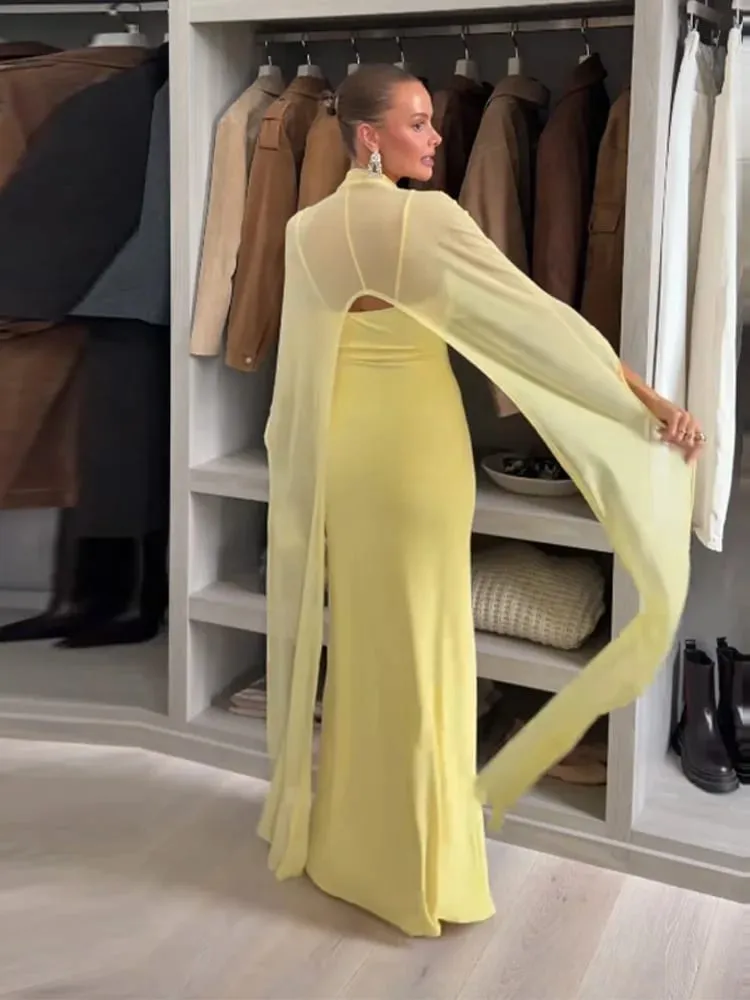 Sheer Cape ผู้หญิงชุดราตรี Elegant Slim V คอแขนกุดสะโพกชุดผู้หญิง 2026 Lady Party Vestidos — image 3