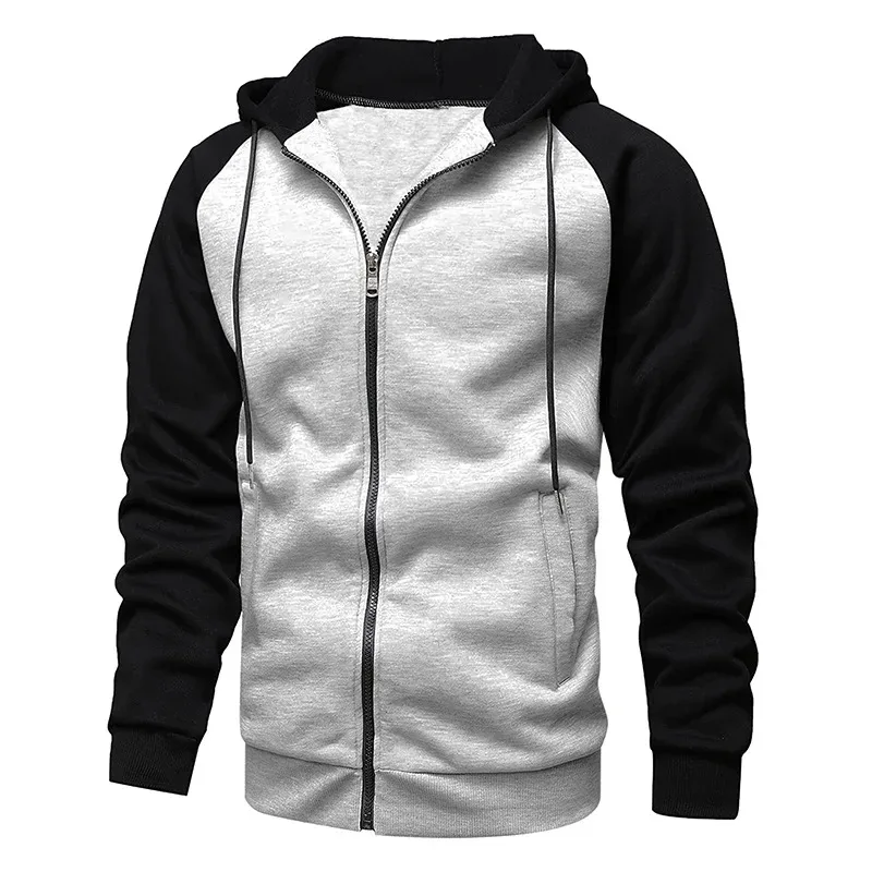 Men's Fleece Hoodies Long Sleeve Sweatshirts for Men Zipper Hooded Mens Fashion Color Blocking Sweatshirt Slim Fit Jacket Coat