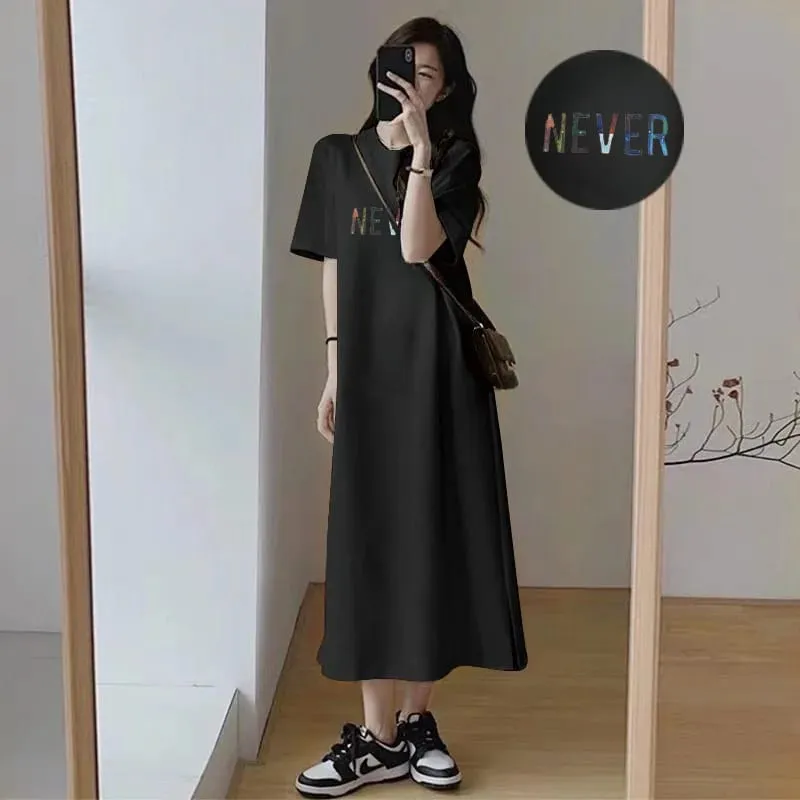 Summer Oversized Women Long T Shirt Dress White Round Neck Color Letter NEVER Print Casual Side Split Maxi Dress