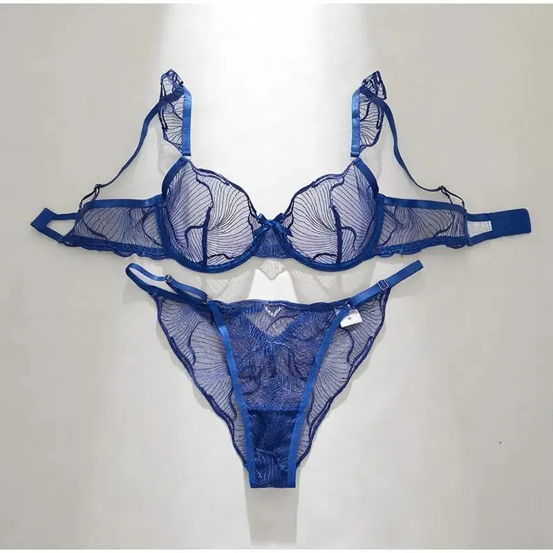 French Lace Bra and Panty Set Embroidered Mesh Sheer Lingerie with Spaghetti Straps Ripple Pattern for Spring Summer Women Wear