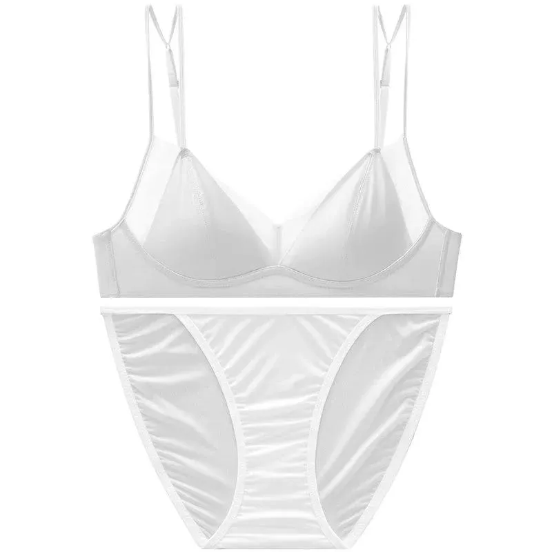 Modish Leopard Intimate Set Non-wire Thin Triangle Bra Breathable Summer Nude Fabric Small Chest Firm Gathering Womens Indoor — image 13