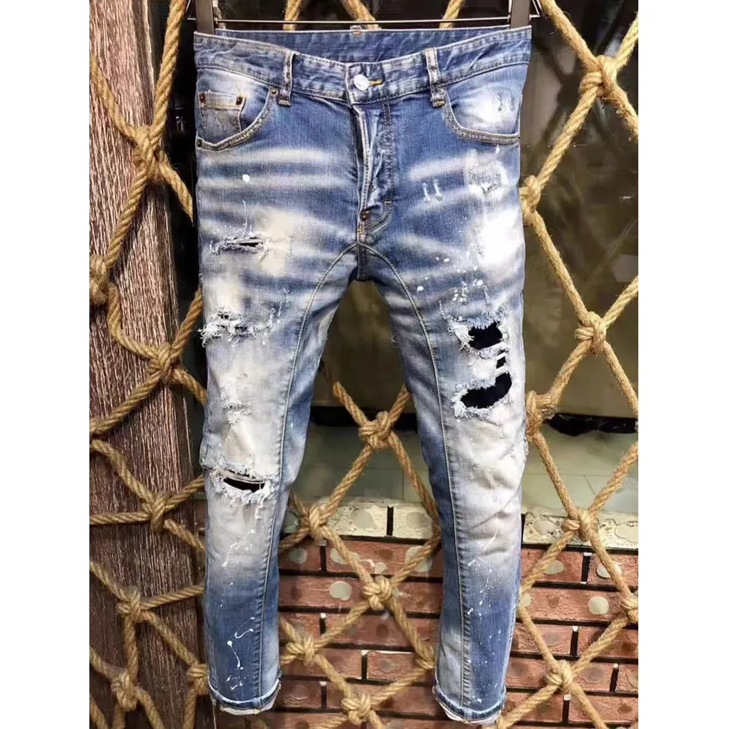 Baggy Jeans For Man Pants Distressed Jeans Trendy Streetwear Slim Straight Leg Stretch Trousers Mens Fashion