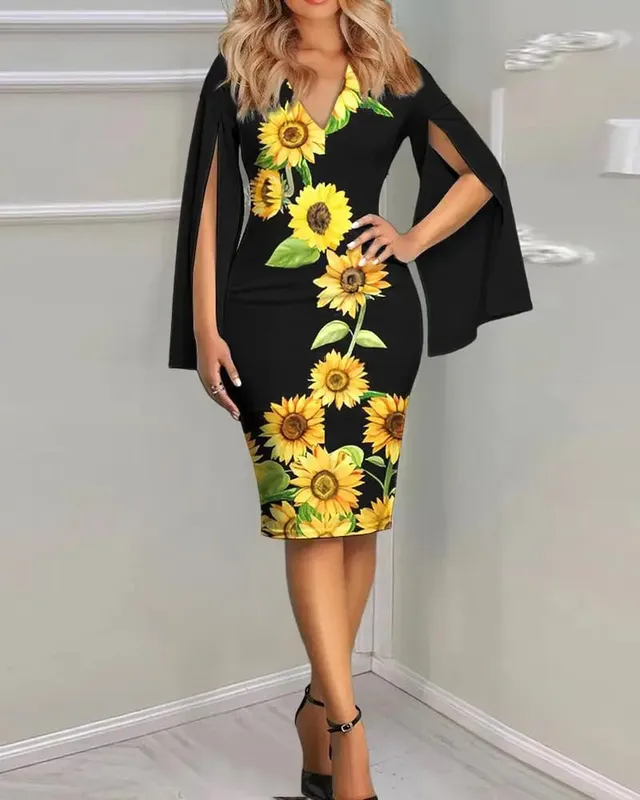 Women's Sunflower Print Midi Dress - Sexy V-Neck Bodycon Dress with Cape Sleeves for Summer Party — image 6